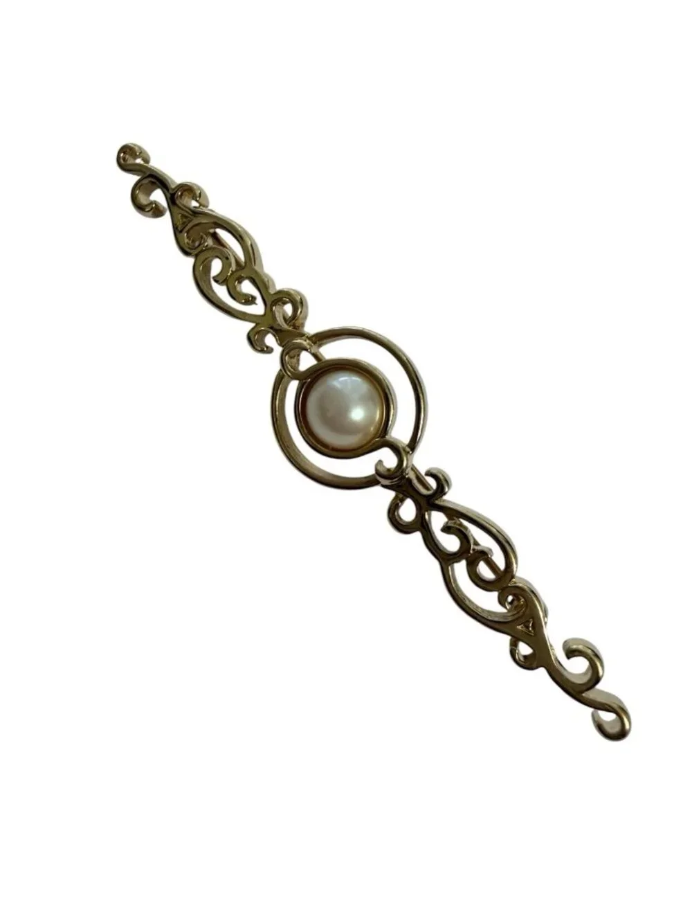 Vintage Monet Scrollwork Brooch Bar Pin Ornate Curls Gold Tone Faux Pearl Signed